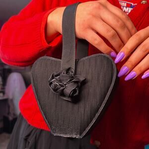 Vintage 90s / Y2K black satin rose heart shaped mini bag / purse